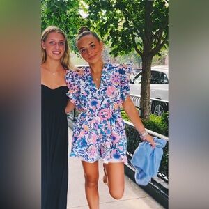 Floral V-Neck Ruffle Romper in Blue and Pink